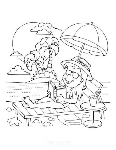 Coloring page woman on a deck chair welcomes summer by reading a book